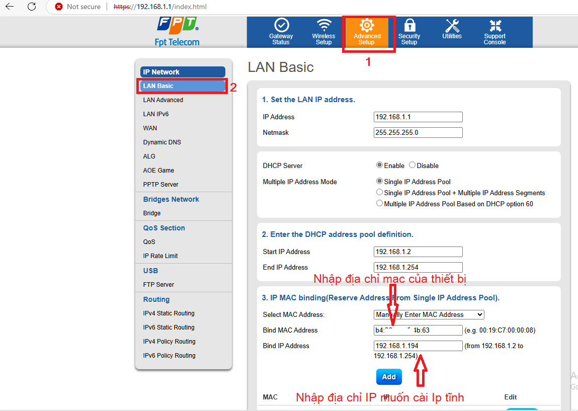 gán ip tĩnh modem fpt