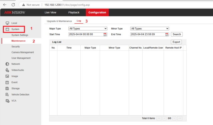Xem log đầu ghi, camera Hikvision